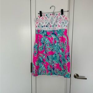 Lilly Pulitzer Pink Blue Green Lobster & White lace strapless shiftdress size 6